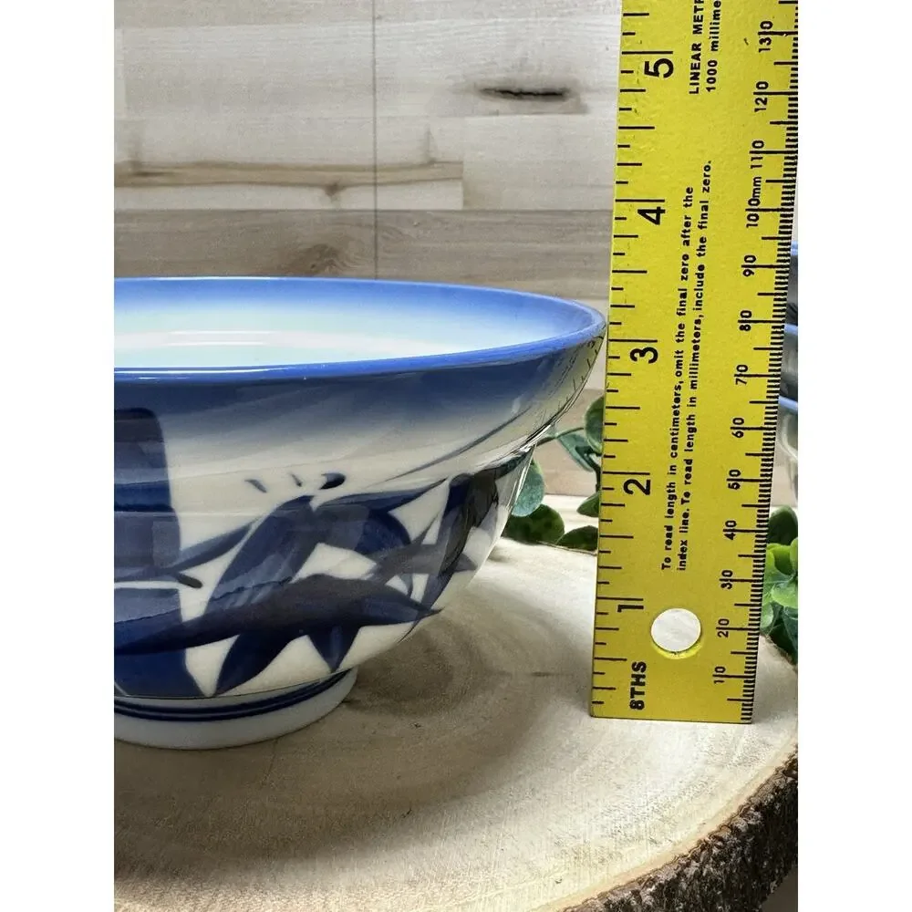 Set/12 Vintage Chinese Porcelain Rice Bowls Blue‎ & White Bamboo Motif 6 LG 6 SM